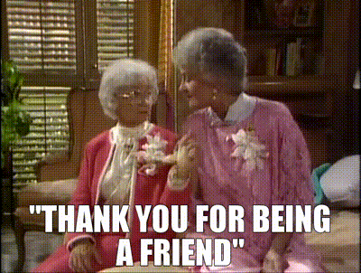 two elderly women are sitting next to each other with the words " thank you for being a friend "