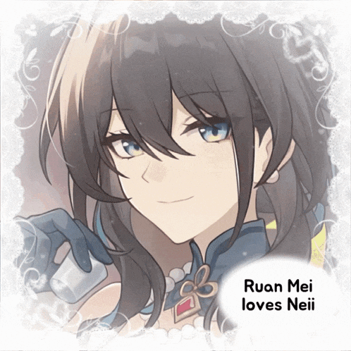 a picture of a girl with the name ruan mei loves neii on the bottom