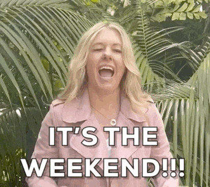 a woman in a pink jacket is screaming and saying `` it 's the weekend !! '' .