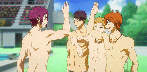 a group of anime characters are standing next to each other and giving each other a high five