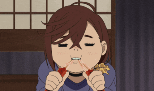 a cartoon of a girl eating a piece of meat