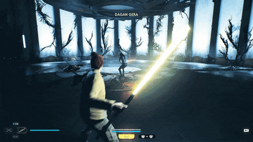 a person holding a lightsaber in front of a sign that says ' dagan gera '