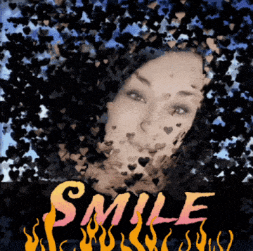 a woman 's face is surrounded by hearts and the words smile