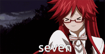 a girl with red hair is wearing glasses and a bow tie and the word seven is above her