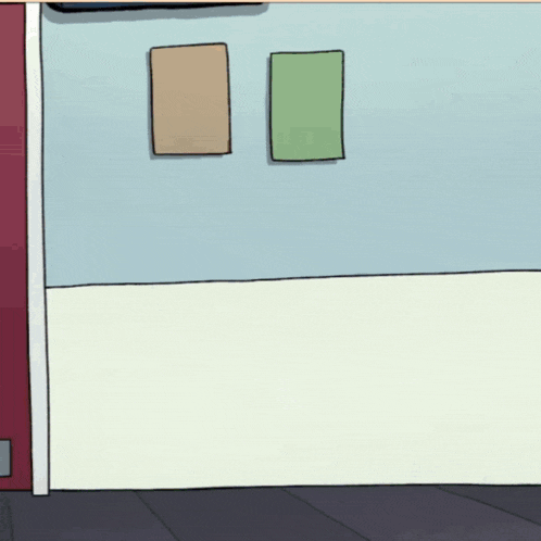 a cartoon drawing of a hallway with two signs on the wall