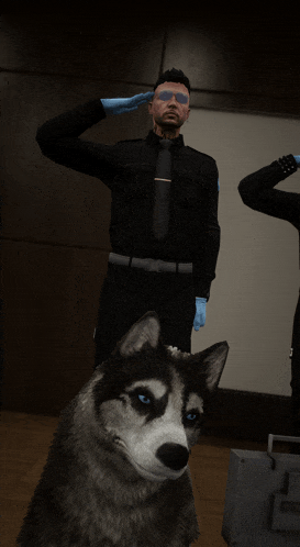 a man in a black uniform salutes while a husky dog looks at the camera