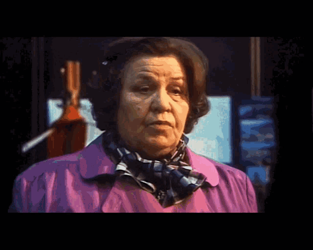 a woman wearing a purple coat and plaid scarf