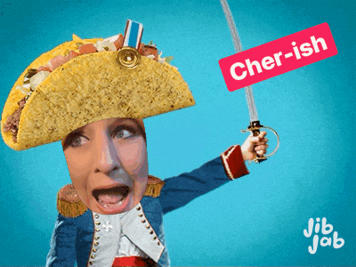 a person with a taco on top of their head holding a sword with cher-ish written on it