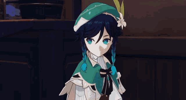 a cartoon character with a green cape and a flower on her hat