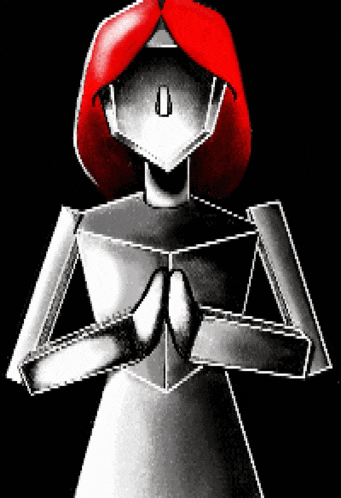 a black and white drawing of a robot with a red head