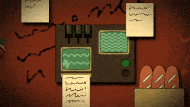 a cartoon drawing of a machine with a green button and a green screen