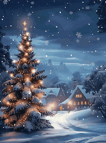 a snowy scene with a christmas tree and houses
