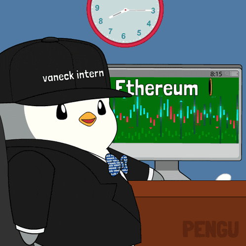 a penguin wearing a hat that says " vaneck intern "