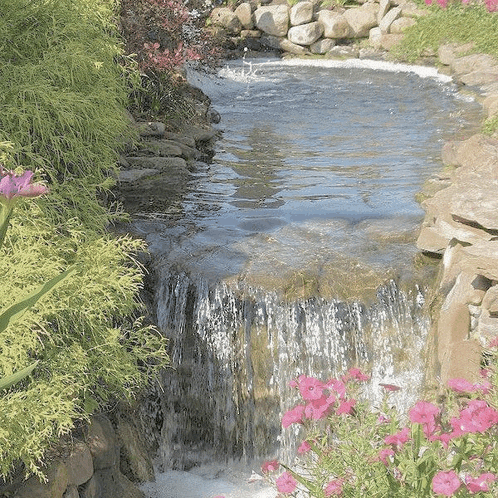 a small waterfall surrounded by pink flowers and plants