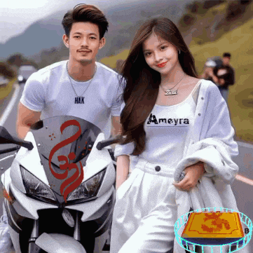 a man and a woman standing next to a motorcycle with the woman wearing a ameyra shirt