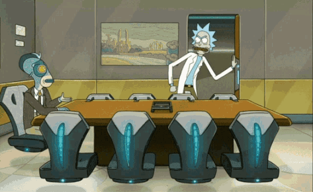 a cartoon of rick and morty sitting at a table