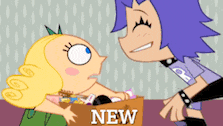 two cartoon characters are looking at a box that says " new "