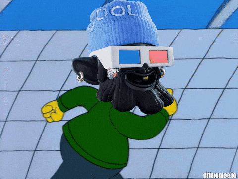 a cartoon character wearing a blue beanie and 3d glasses