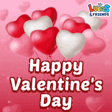 a lucas & friends valentine 's day greeting card with hearts and balloons