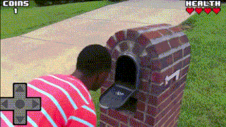 a man is looking into a mailbox with coins and health icons