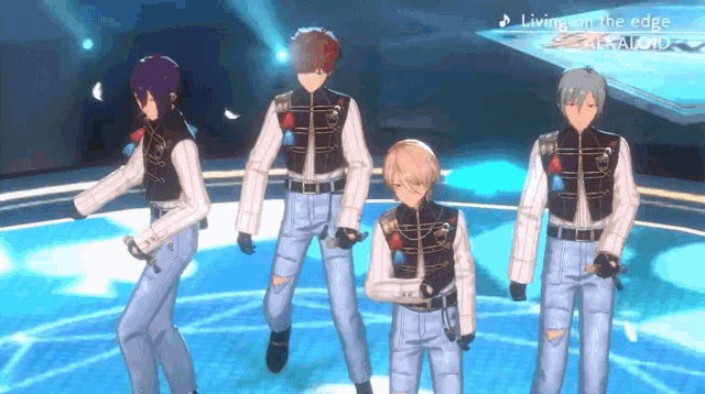 a group of anime characters are dancing on a stage and the words living on the edge are above them
