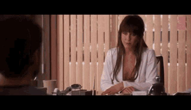 a woman is sitting at a desk talking to a man in front of a blind .