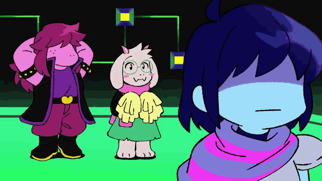 a cartoon of a girl standing next to a sheep and a rabbit