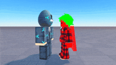 a cartoon character with green hair is standing next to another character
