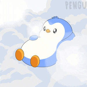 a blue and white penguin is flying through the air with the word pengu on the bottom