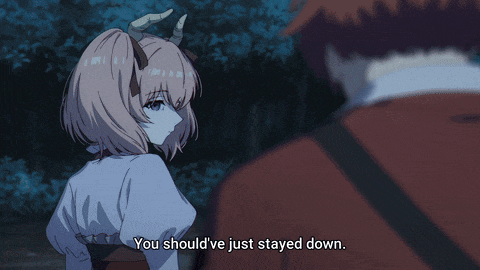 a girl with horns is talking to a man who says you should 've just stayed down
