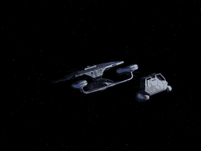 a space ship is flying through space with a smaller space ship nearby