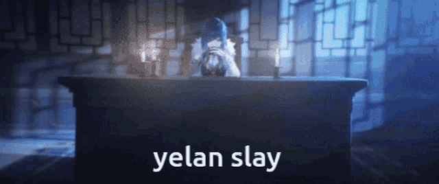 yelan slay is written on a blue background
