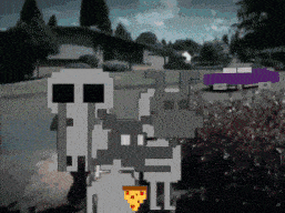 a cartoon drawing of a skull and a rabbit with a slice of pizza