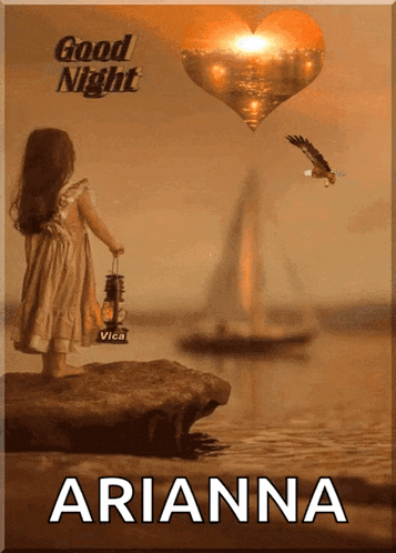 a girl standing on a rock holding a lantern with the name arianna written below her