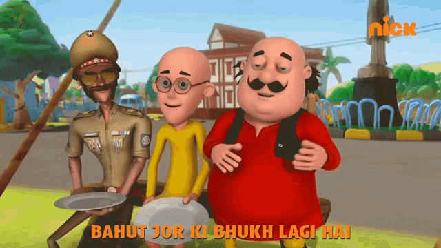 three cartoon characters are standing next to each other with the words bahut jor ki bhukh lagi hai in orange letters