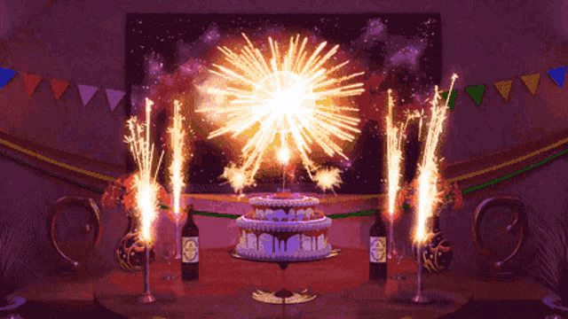 a birthday cake with sparklers and a bottle of wine