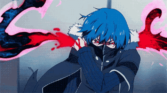 a blue haired anime character with a mask on