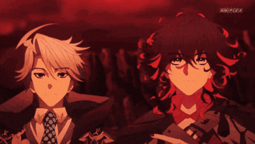 two anime characters are standing next to each other in a dark room with a lightning bolt in the background