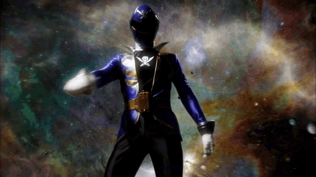 a man in a blue suit with a skull and crossbones on it