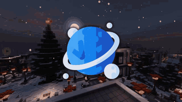 a blue planet with a white ring around it is in the middle of a snowy city