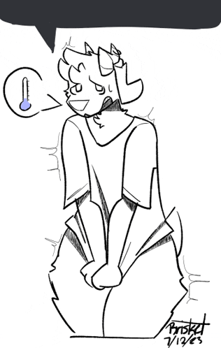 a black and white drawing of a cartoon character with a thermometer in the background