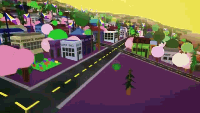a cartoon drawing of a city with a purple building that says private corner