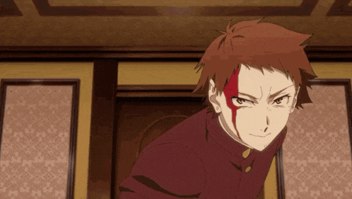 a young man with red hair and a red stripe on his face is standing in a room .