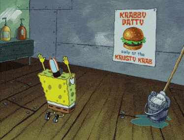 spongebob is standing in front of a sign that says krabby patty