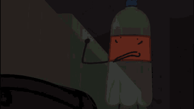 a cartoon character is standing in a dark room next to a green backpack and a red box .