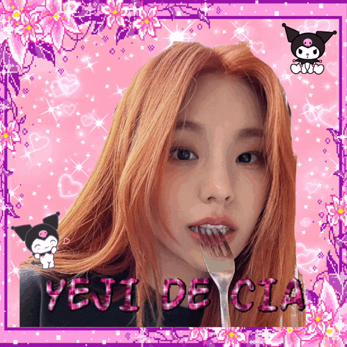 a picture of a girl with a fork in her mouth and the name yeji de cia on it