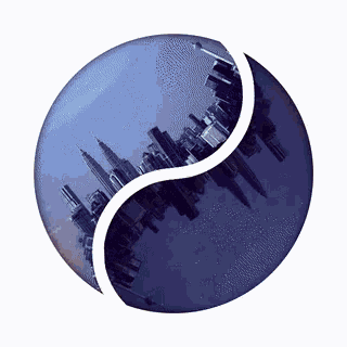 a tennis ball with a picture of a city on it
