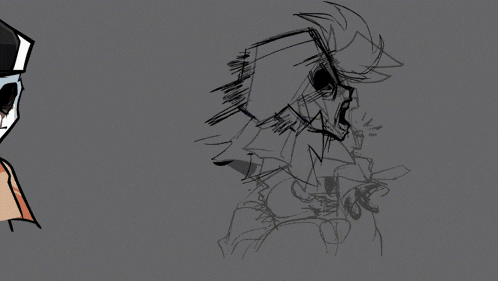 a drawing of a man with a skull on his head and a drawing of a man with glasses