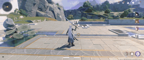 a screenshot of a video game shows a person holding a sword in front of a mountain
