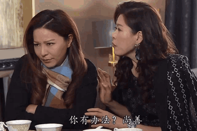 two women are sitting at a table with chinese writing on the bottom